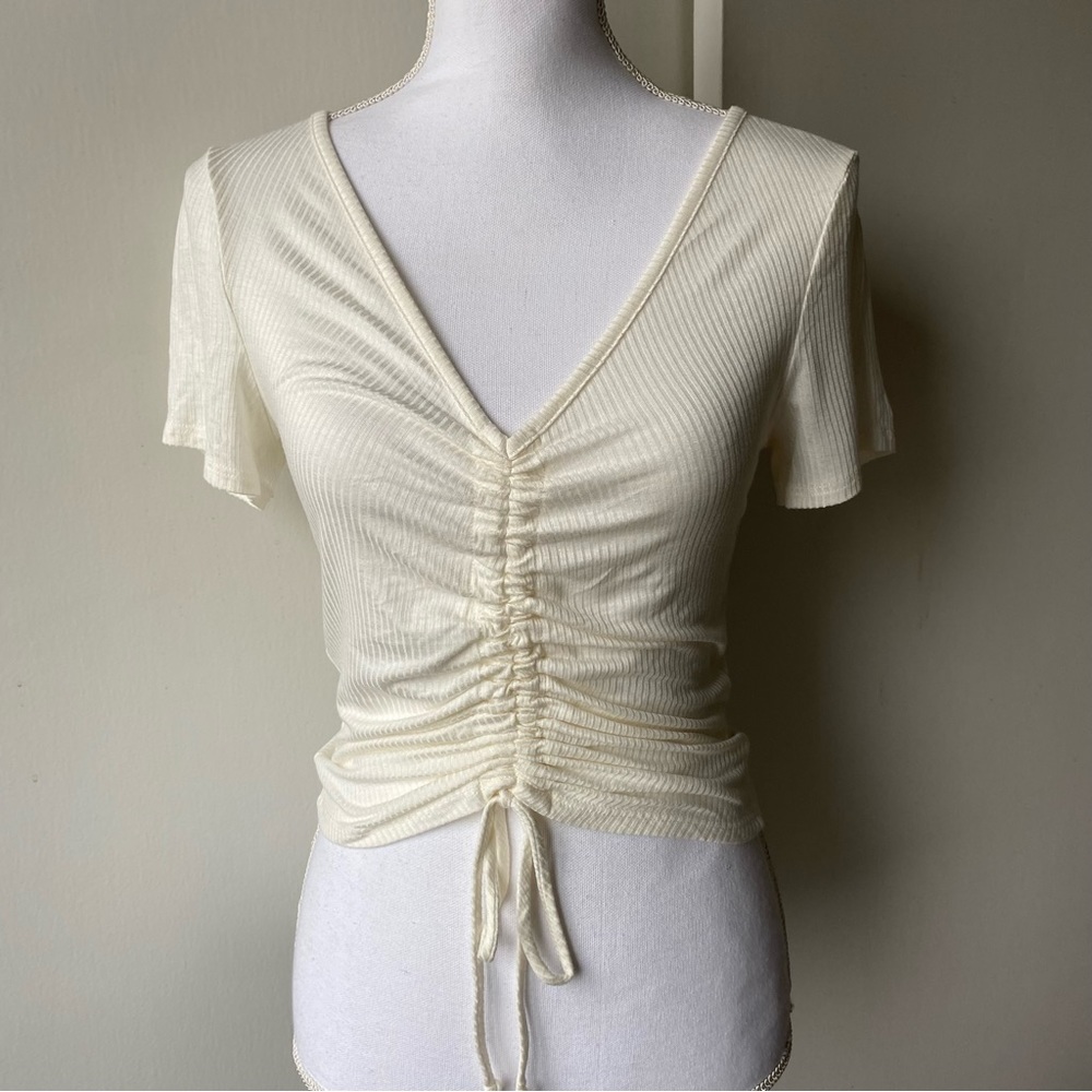 Womens Shirt Size Small White Ivory rouch tie front blouse top